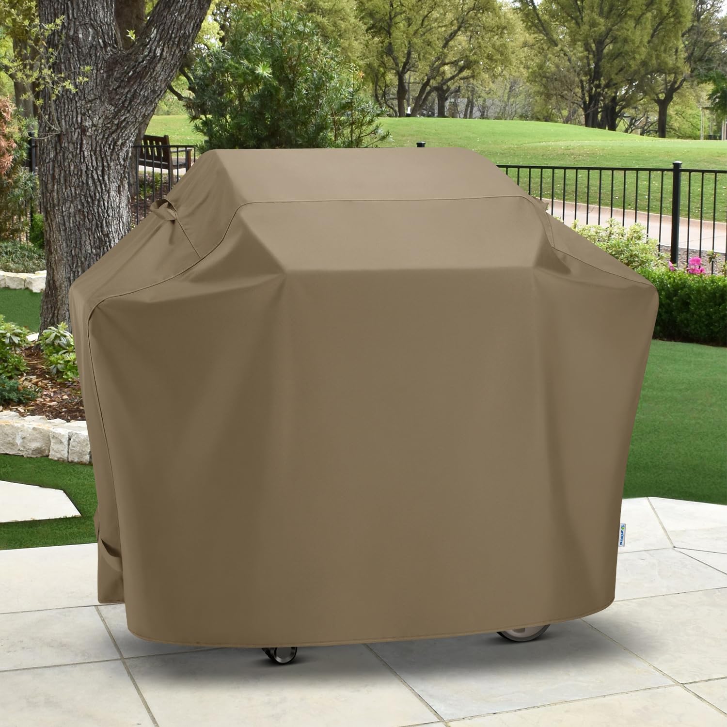 SunPatio cover on a Weber-style grill to show compatibility and fit.