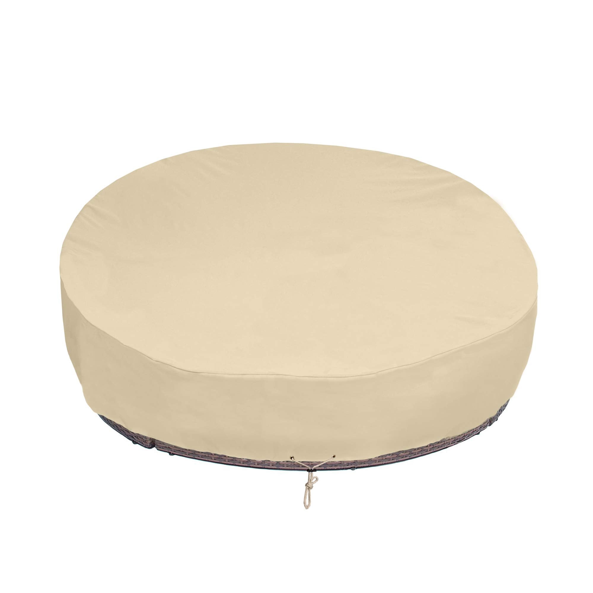 SunPatio round daybed cover shields 75-inch dia from rain and sun.