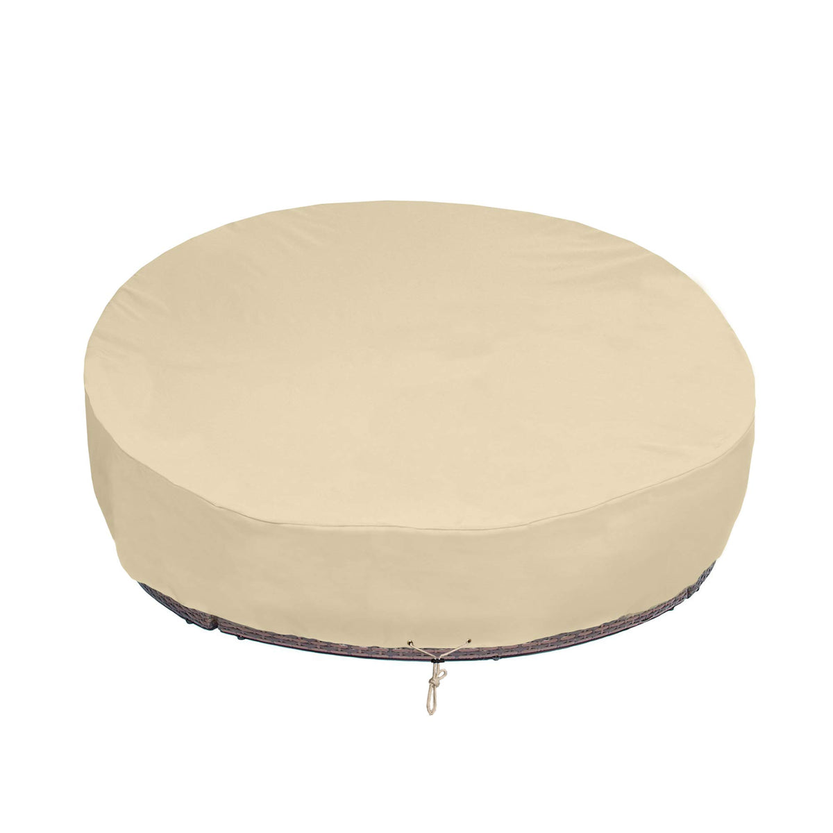 SunPatio round daybed cover shields 75-inch dia from rain and sun.