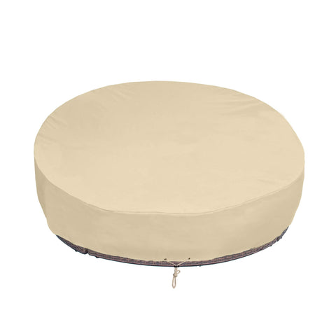 SunPatio round daybed cover shields 75-inch dia from rain and sun.
