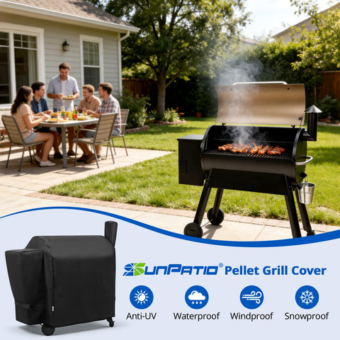 SunPatio fit guide showing dimensions for Traeger 34 Series