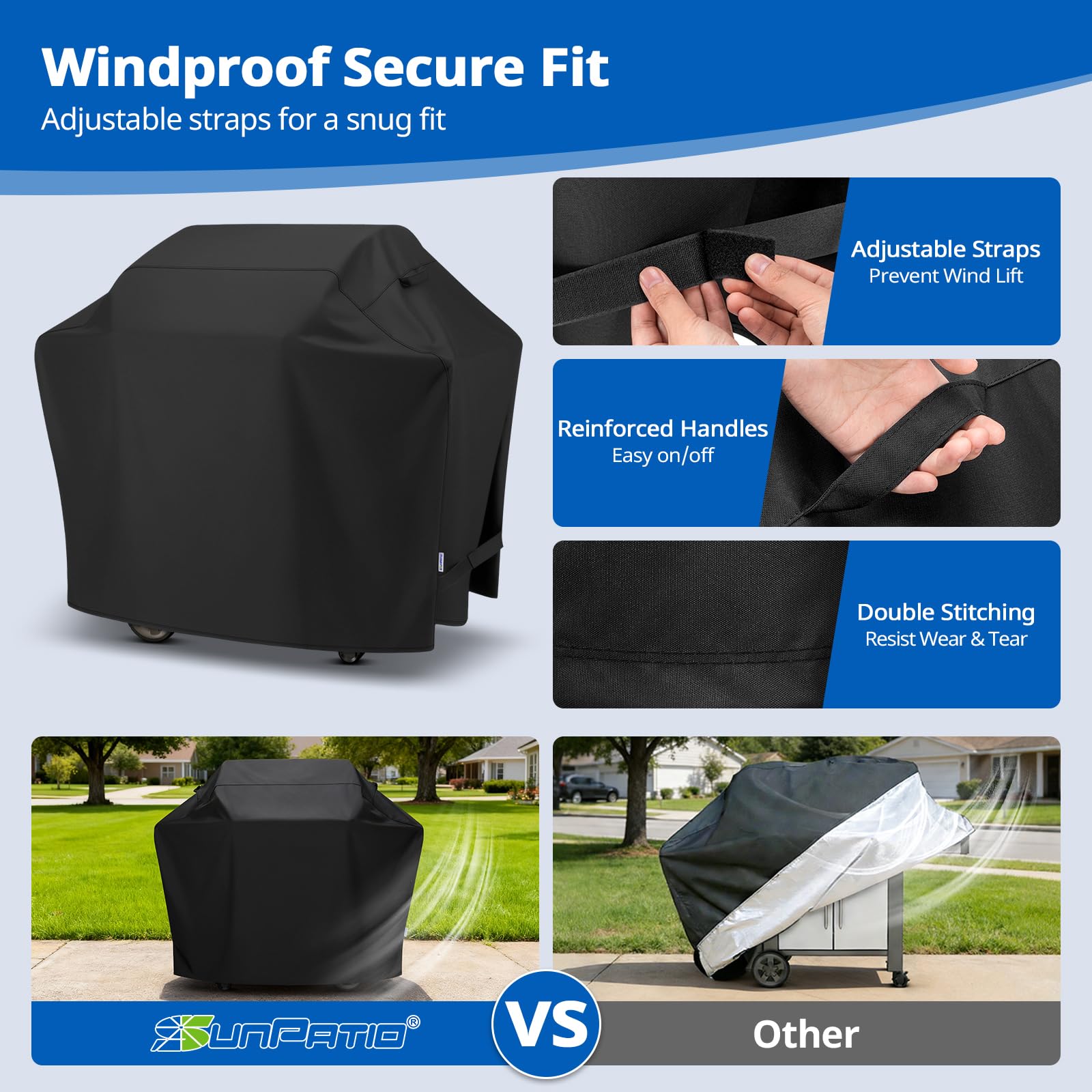 SunPatio adjustable straps securing cover against wind