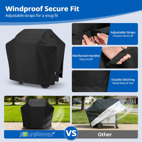 SunPatio adjustable straps secure the cover during windy days.