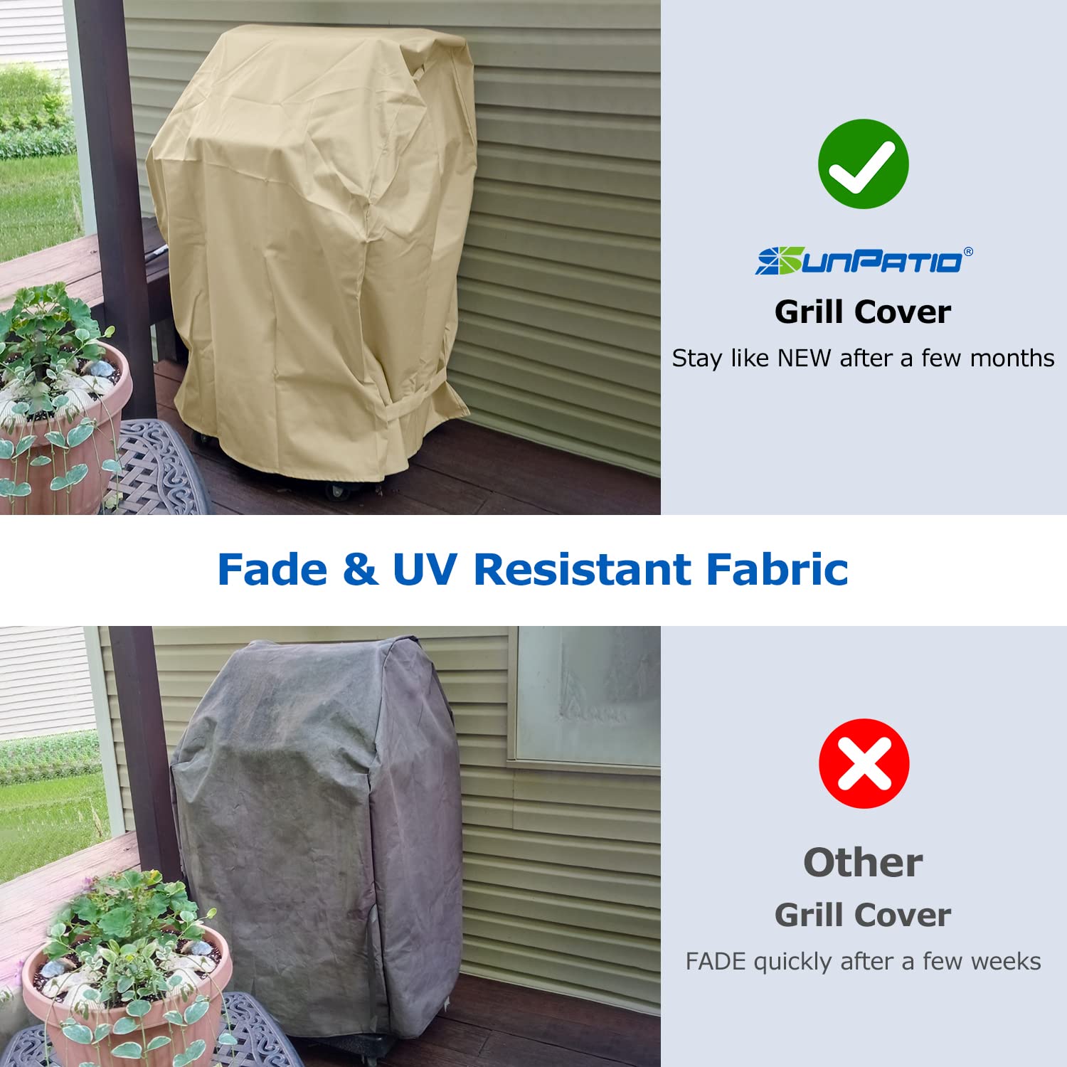 SunPatio beige waterproof fabric guards against rain and fading.