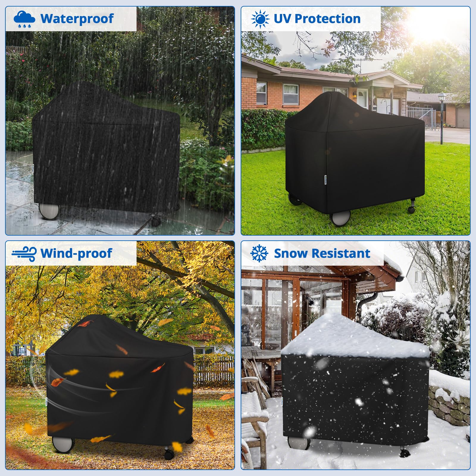 SunPatio grill cover shows bottom fastening straps for secure fit.