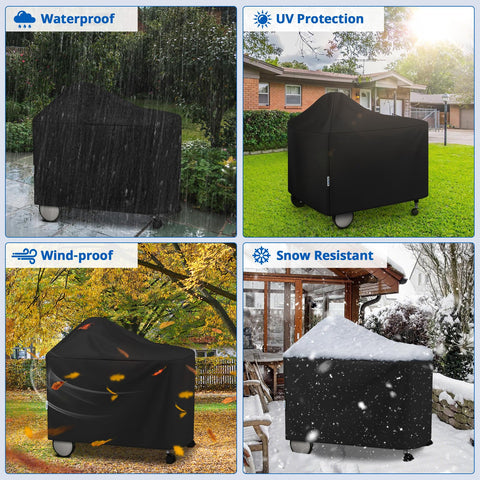 SunPatio grill cover shows bottom fastening straps for secure fit.