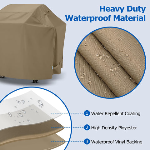 SunPatio grill cover with handles and straps for easy fitting and securement.