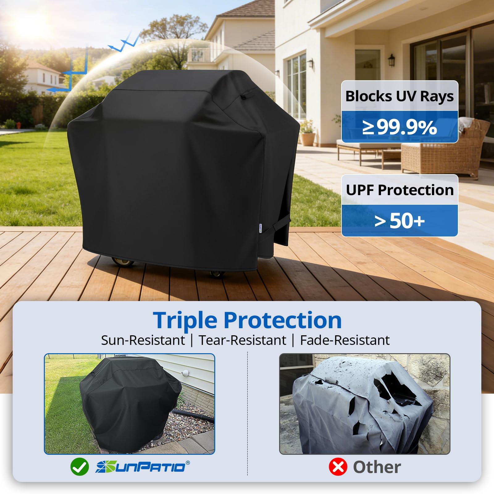SunPatio grill cover with fabric handles for easy placement