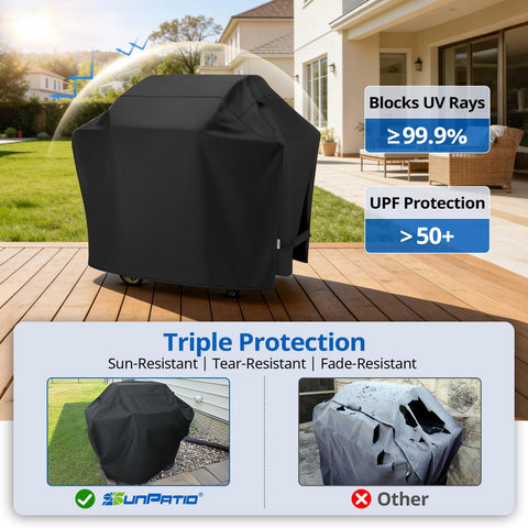 SunPatio grill cover with fabric handles for easy placement
