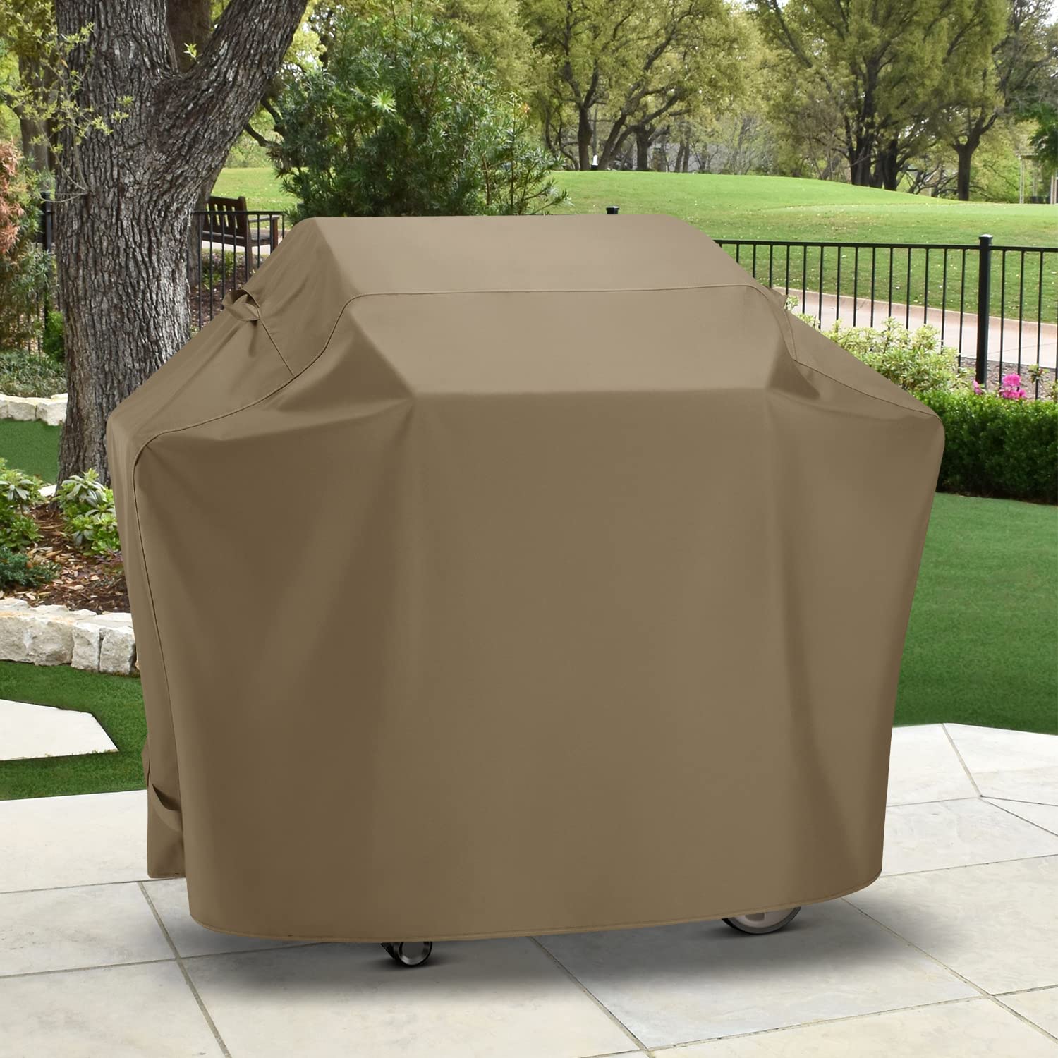 SunPatio taupe color blends with outdoor furniture and décor.