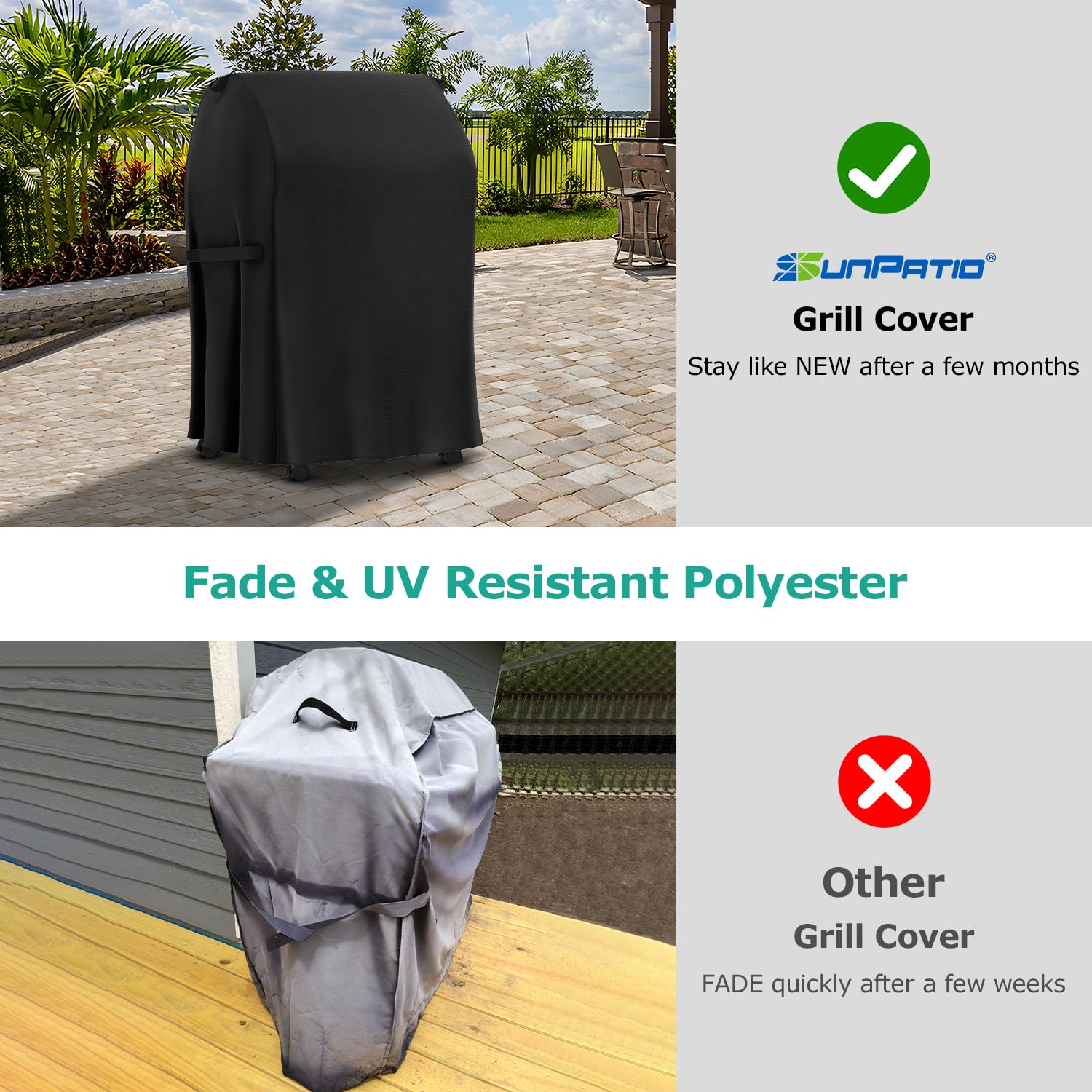SunPatio grill cover top handles ease removal and hanging.