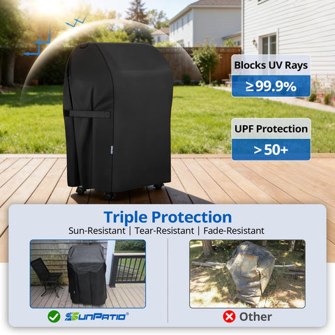 SunPatio grill cover with top handles in use.