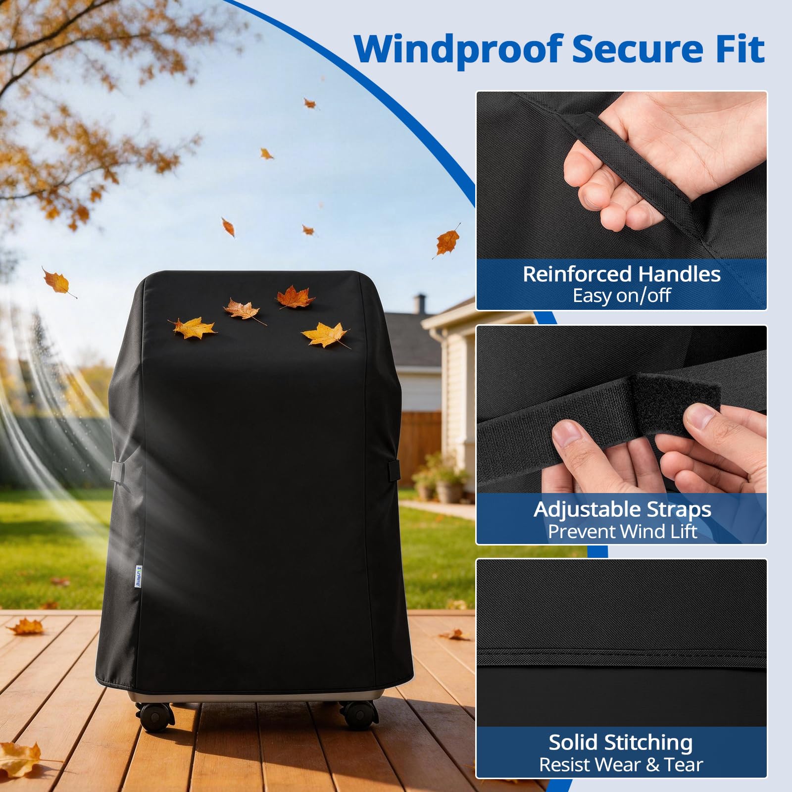 SunPatio weatherproof grill cover protecting Char-Broil grill outdoors.