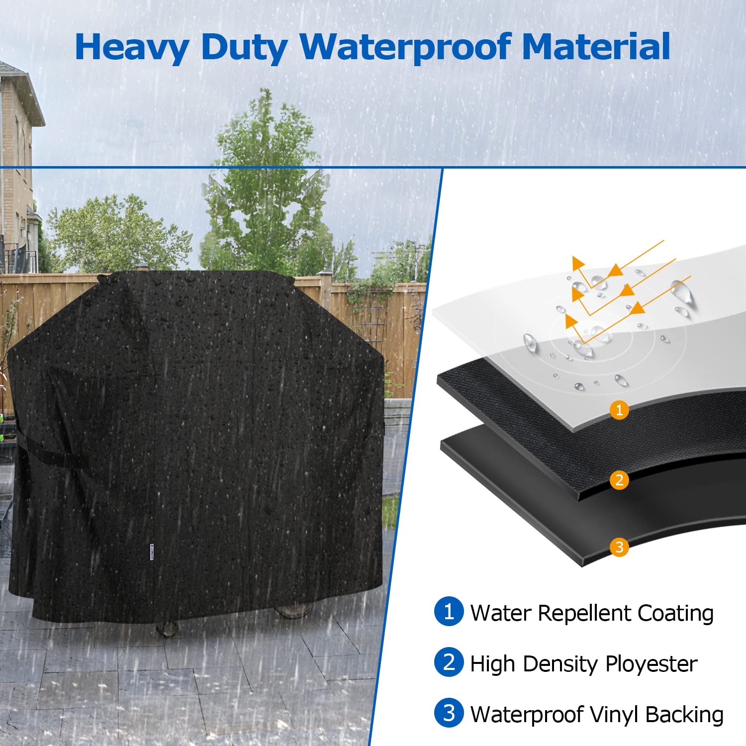 SunPatio heavy-duty grill cover shields against wind, rain, and snow.