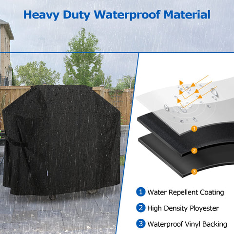 SunPatio heavy-duty grill cover shields against wind, rain, and snow.