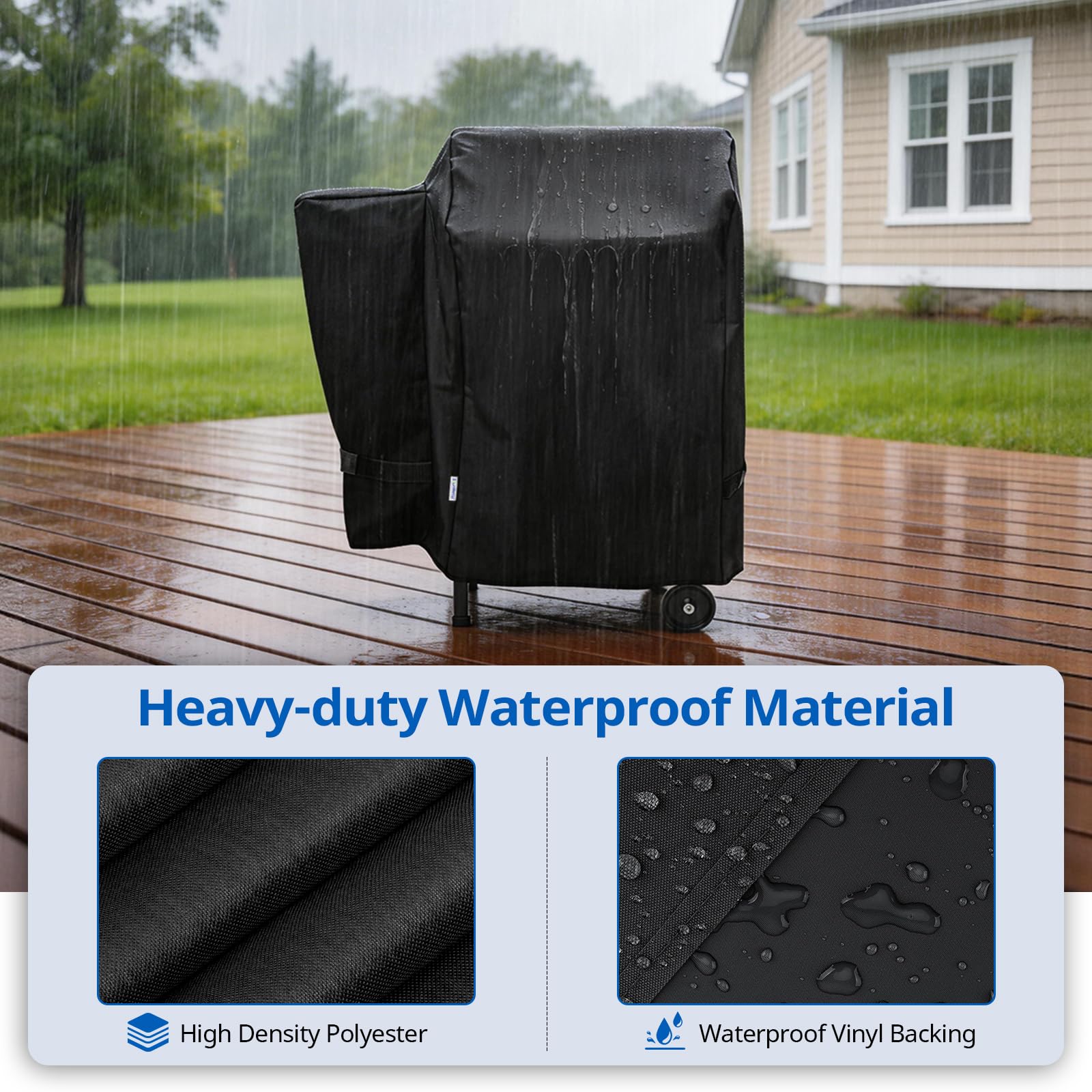 SunPatio pellet grill cover fits 35W x 22D x 32H grills securely.