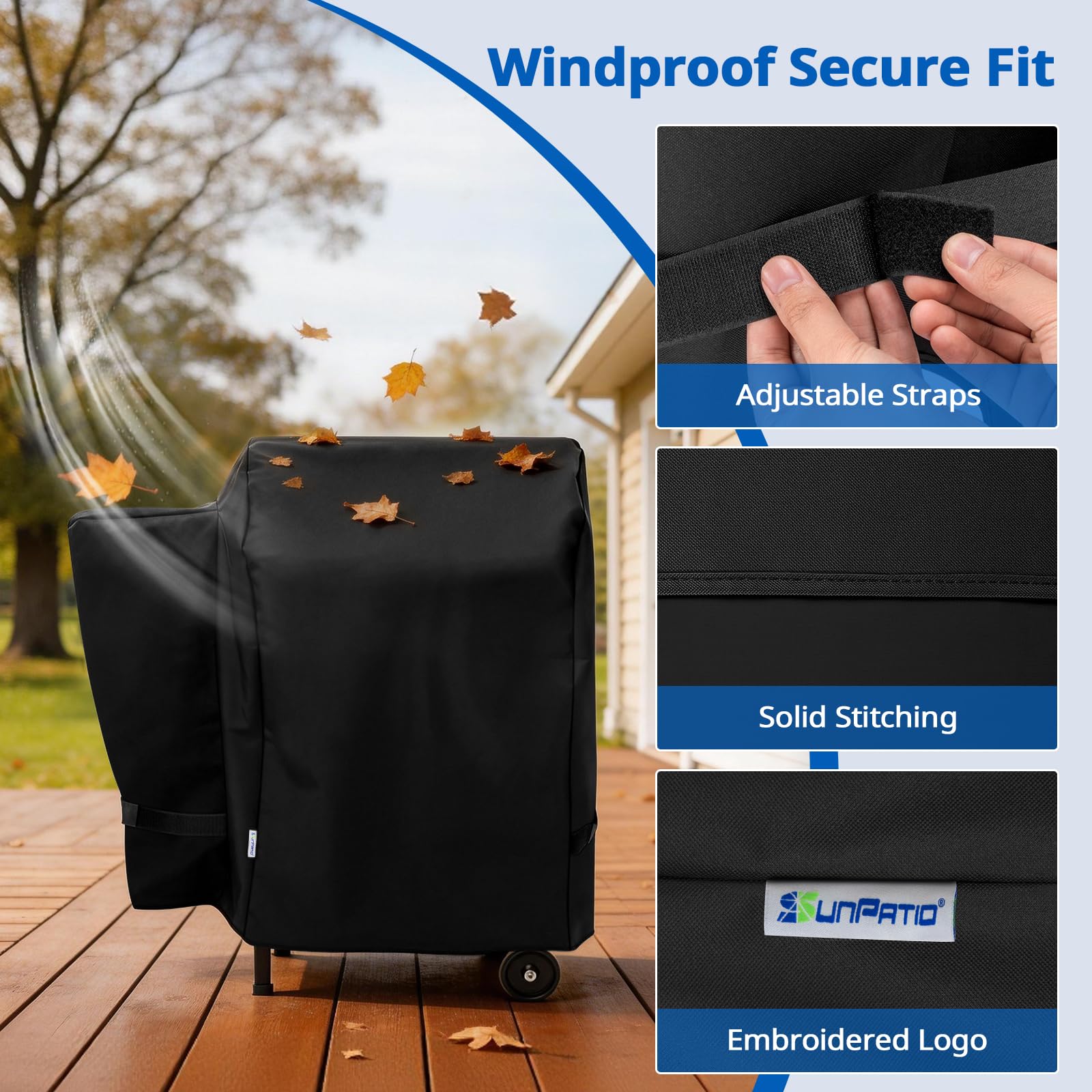 SunPatio waterproof liner keeps the grill dry during storage rain or drizzle.