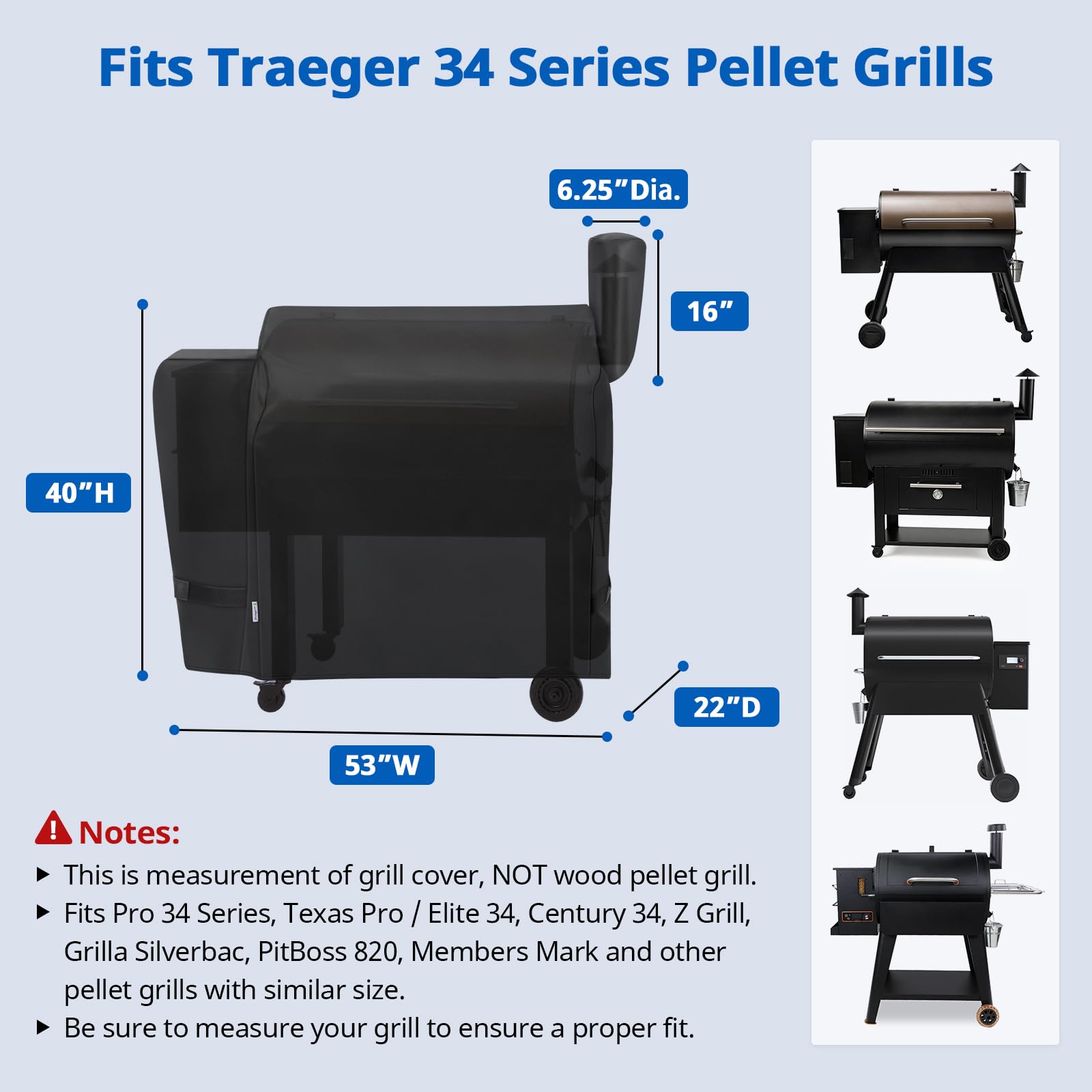 SunPatio grill cover for Traeger 34 Series — side view providing full-length protection