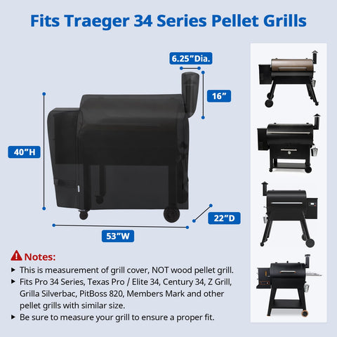 SunPatio grill cover for Traeger 34 Series — side view providing full-length protection