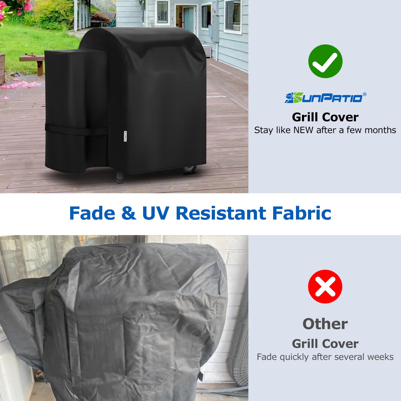 SunPatio Recteq 340 cover, side view, weatherproof protection for year-round grilling.