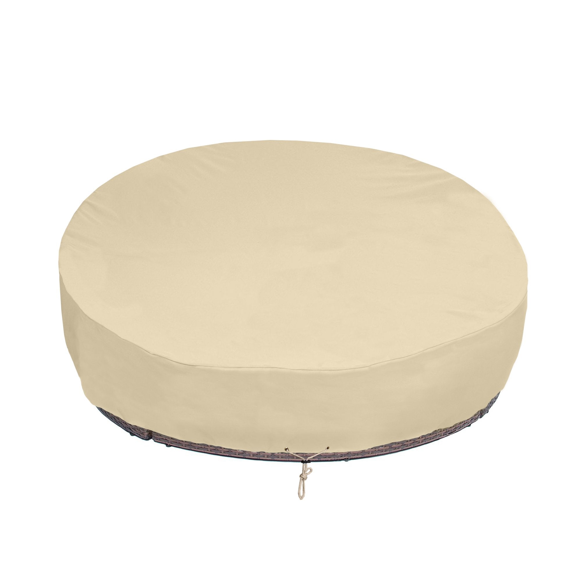 SunPatio round daybed cover with heavy-duty waterproof fabric protecting outdoor furniture