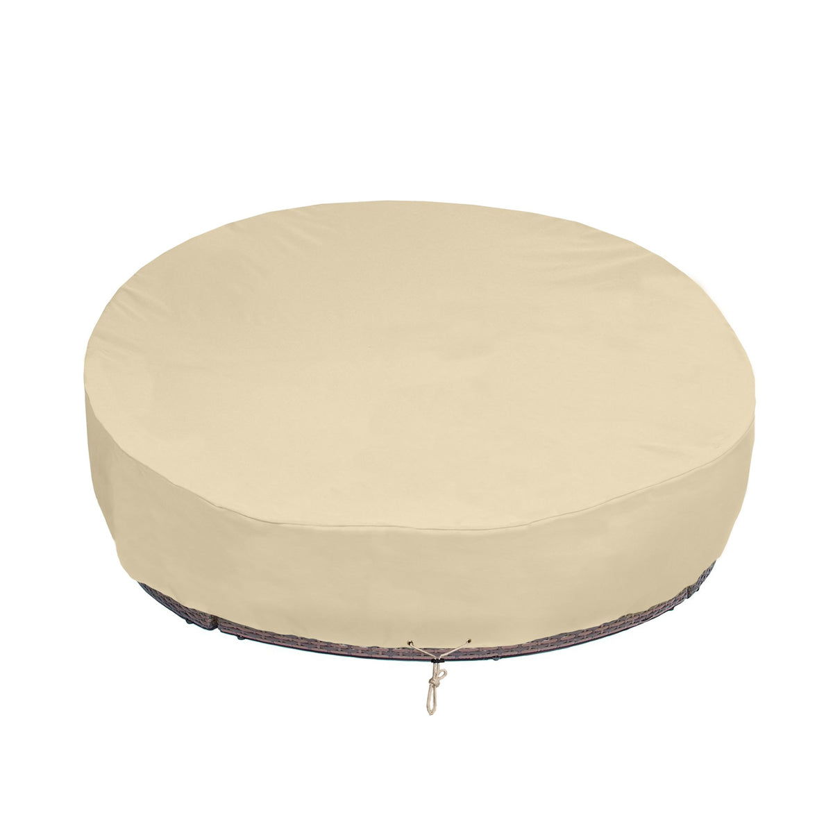 SunPatio round daybed cover with heavy-duty waterproof fabric protecting outdoor furniture