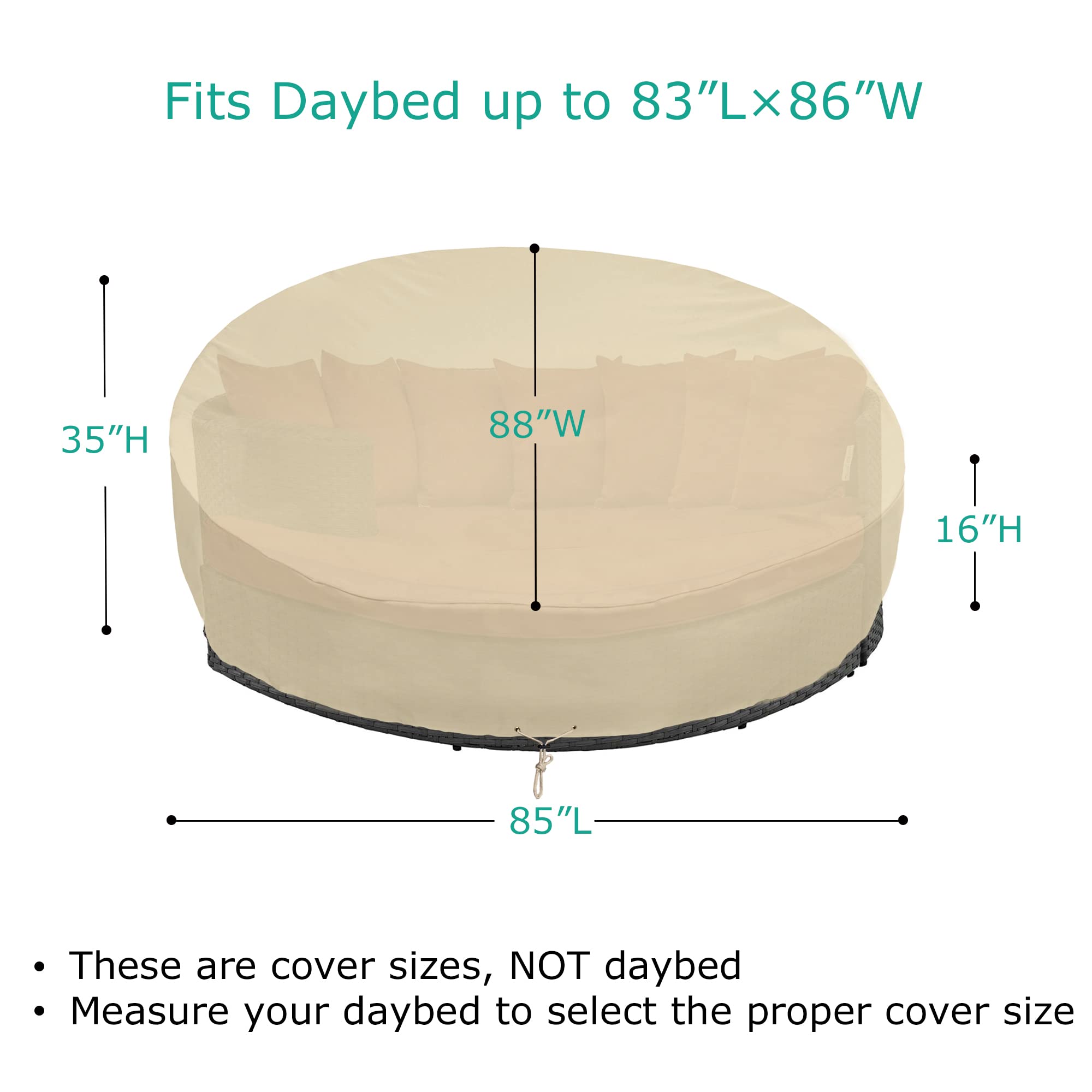 SunPatio round daybed cover with taped seams prevents leaks and weather damage