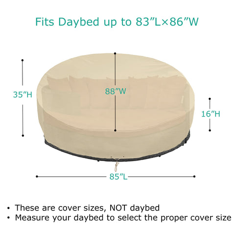 SunPatio round daybed cover with taped seams prevents leaks and weather damage