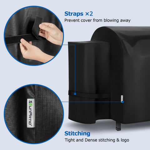SunPatio Secure-fit bottom straps on pellet grill cover for windy days.