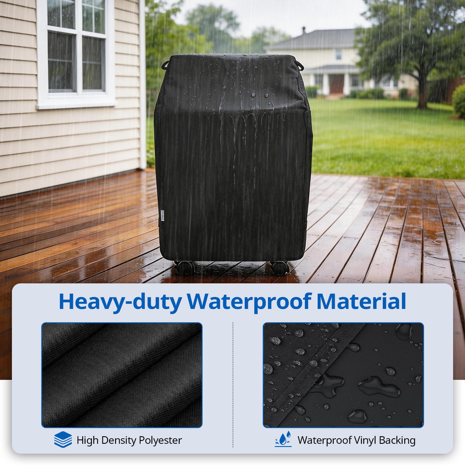 SunPatio waterproof coating on grill cover repelling rain and snow