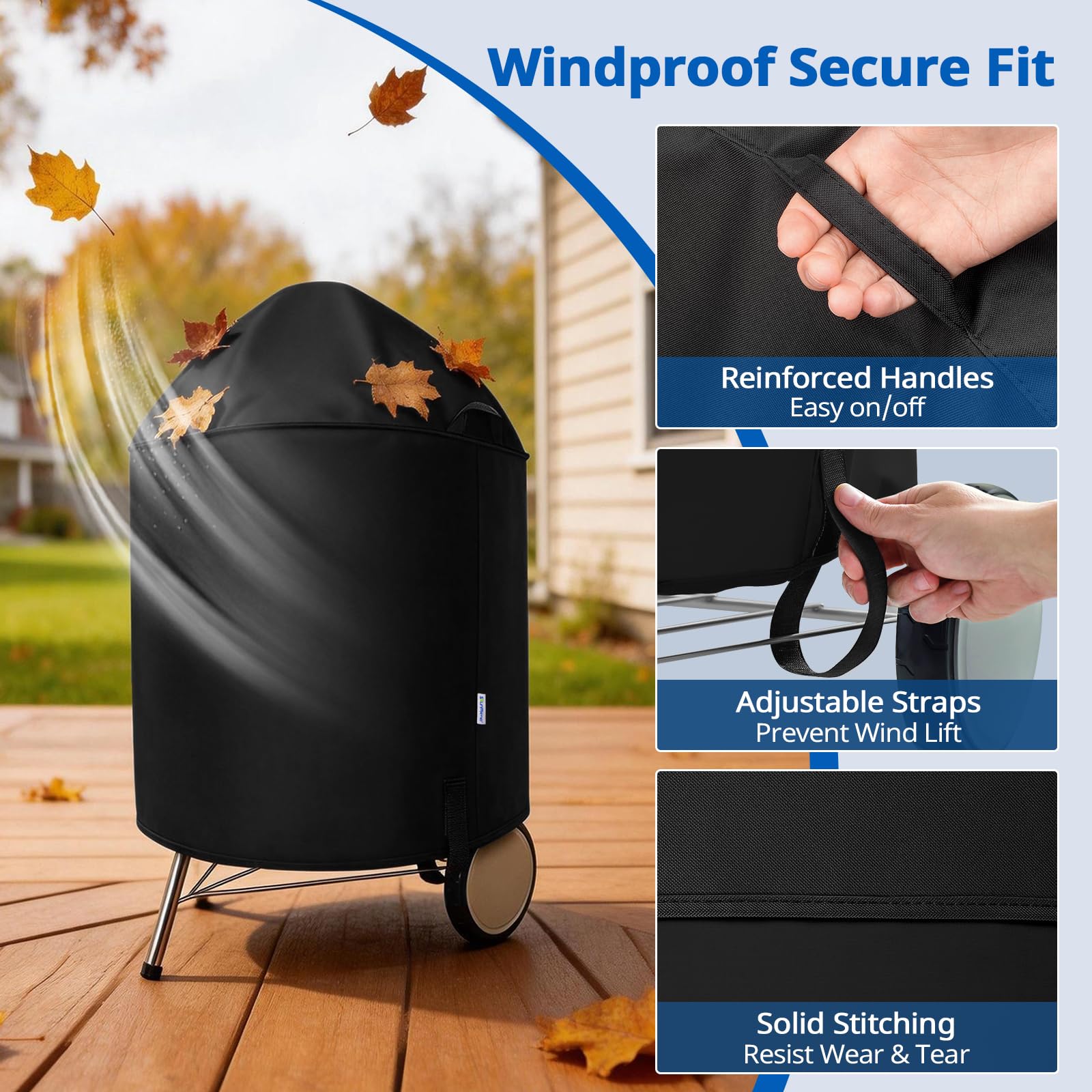 SunPatio windproof design with straps secures the grill cover in breezy weather