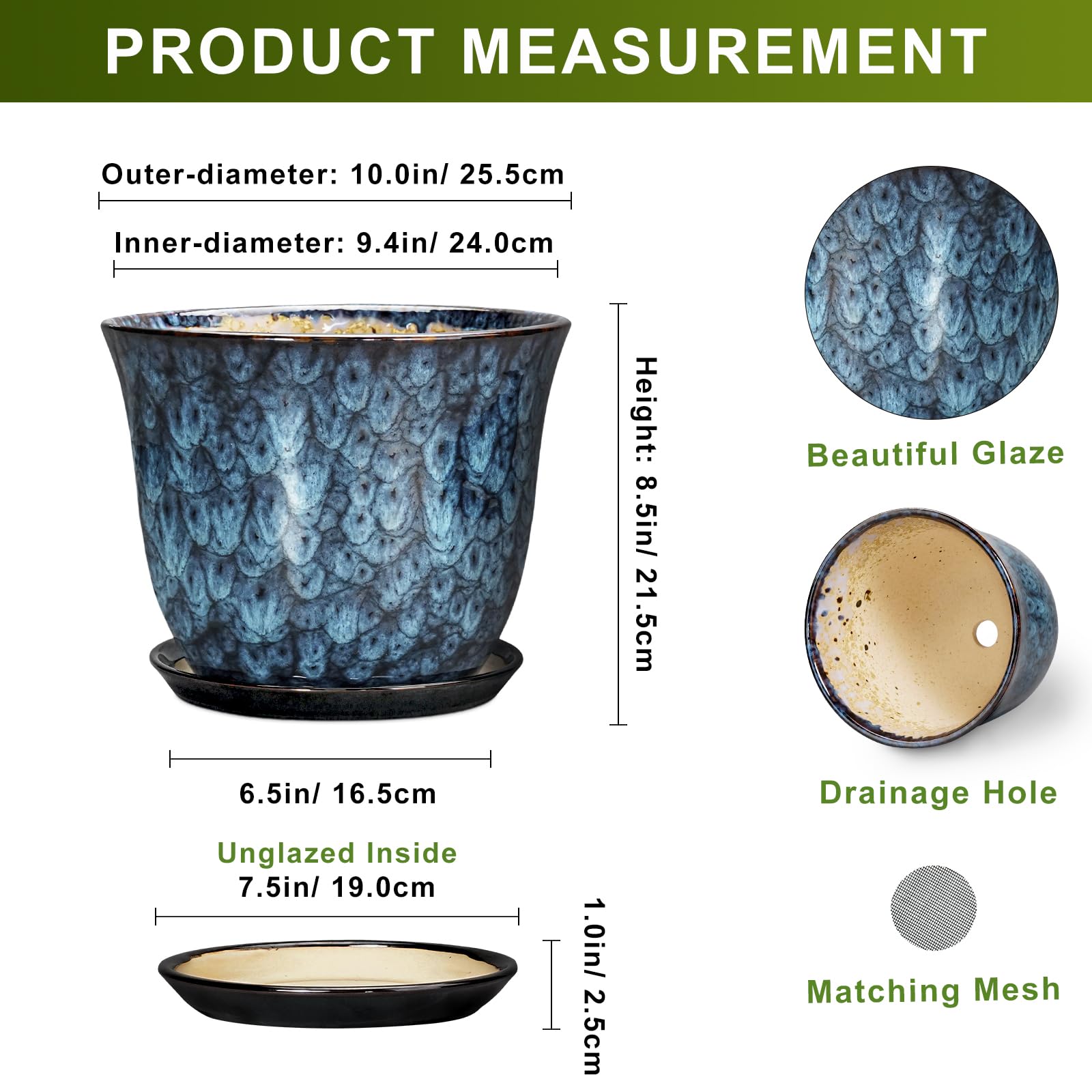 SUNPOTFOR blue glazed ceramic pot with saucer adds durable indoor drainage.