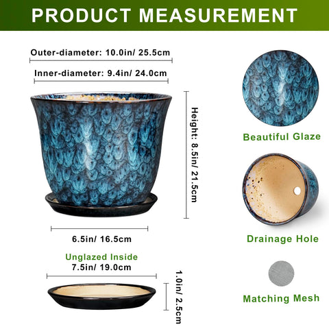 SUNPOTFOR blue glazed ceramic pot with saucer adds durable indoor drainage.