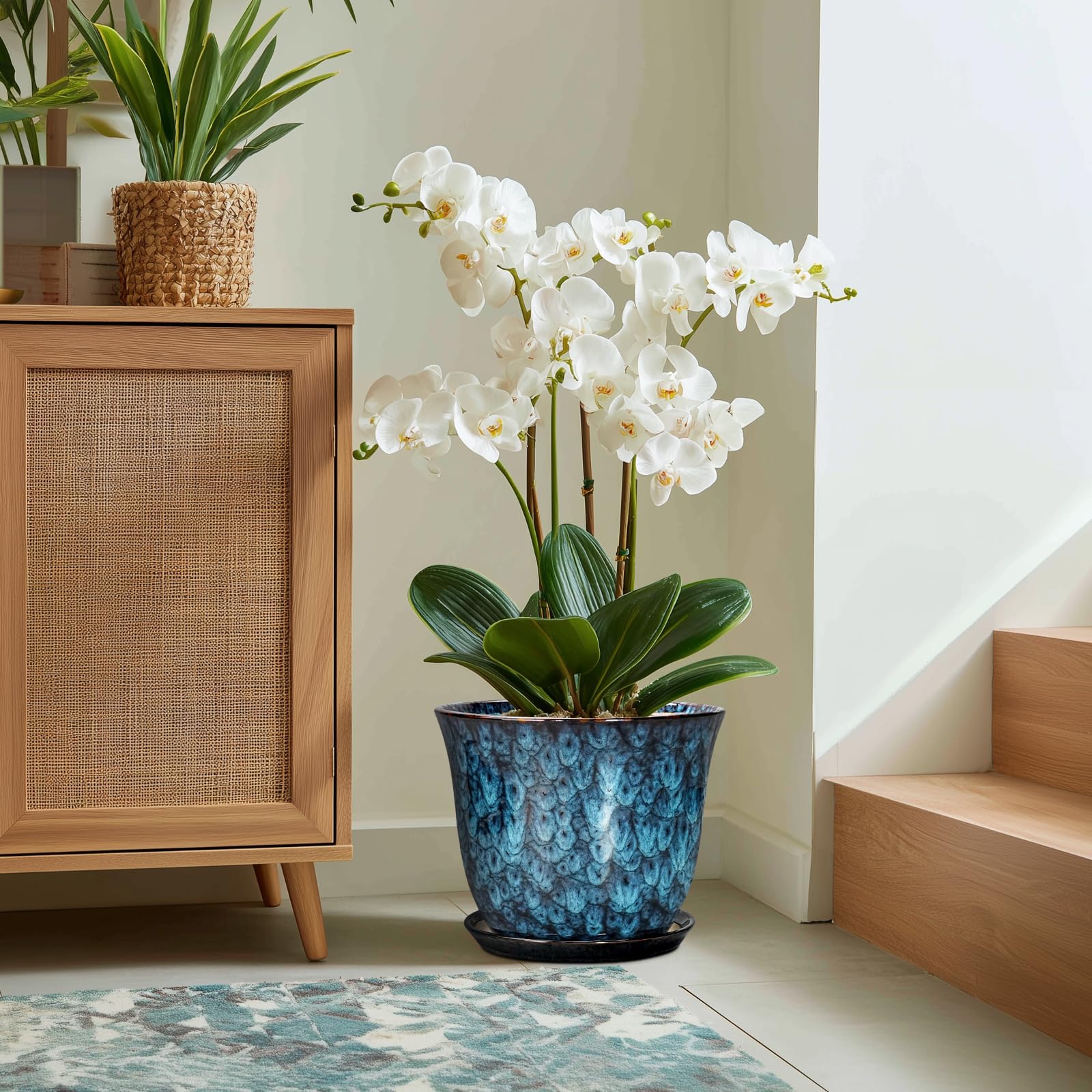 SUNPOTFOR blue glazed round planter enhances home decor and greenery.