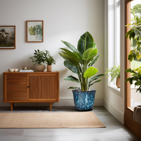 SUNPOTFOR round blue ceramic planter, handcrafted glaze, ideal for stylish home decor.