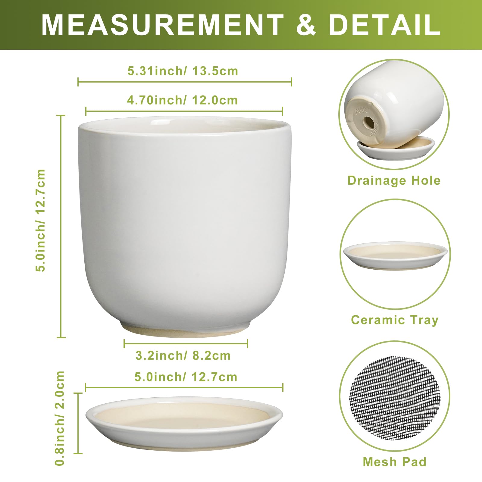SUNPOTFOR white ceramic pot with matching saucer keeps surfaces clean.