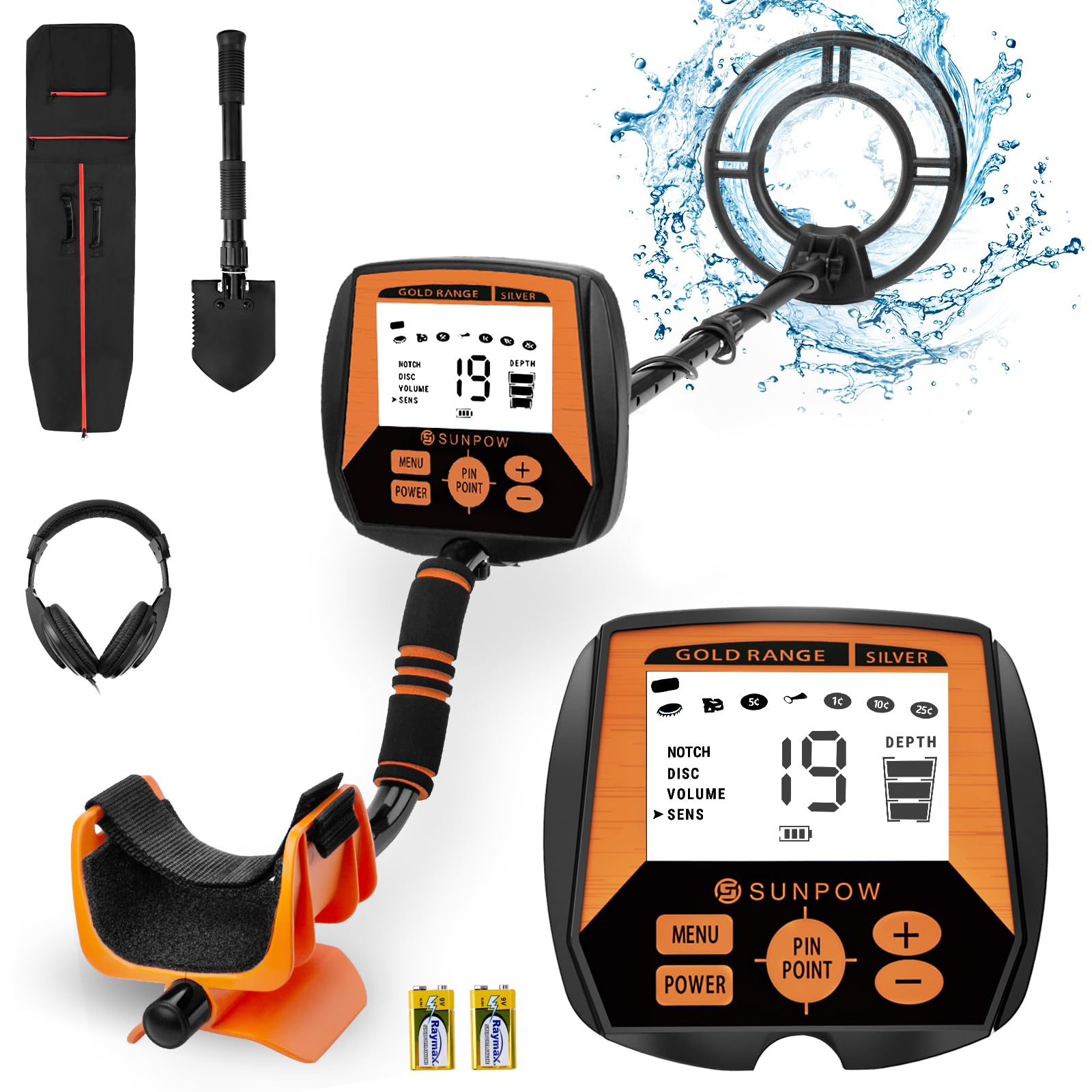 SUNPOW metal detector with a 10-inch coil, ideal for beach treasure hunts.