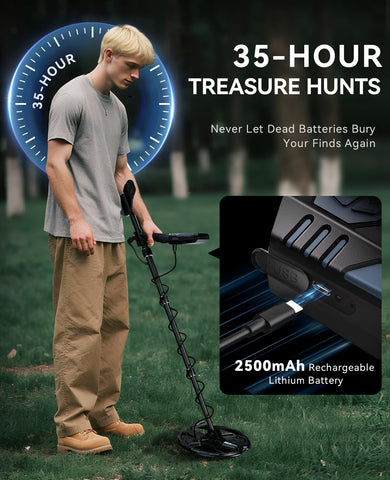 SUNPOW OTMD15 35-hour battery with USB-C charging for long treasure hunts