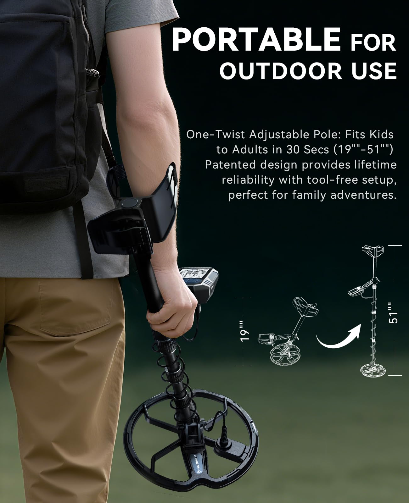 SUNPOW OTMD15 adjustable shaft from 19 to 51 inches for comfortable use