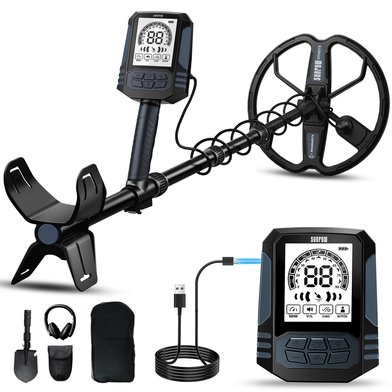 SUNPOW OTMD15 dual-D coil enables precise 10-inch depth detection for treasure hunting