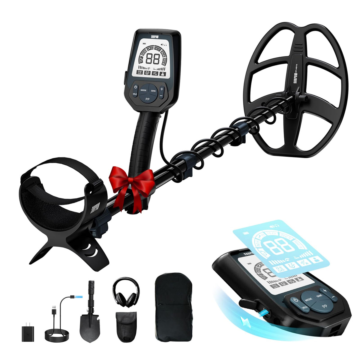 SUNPOW professional metal detector with LCD display identifies targets quickly for beach hunts.