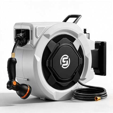 SUNPOW retractable hose reel on wall mount for neat yard watering