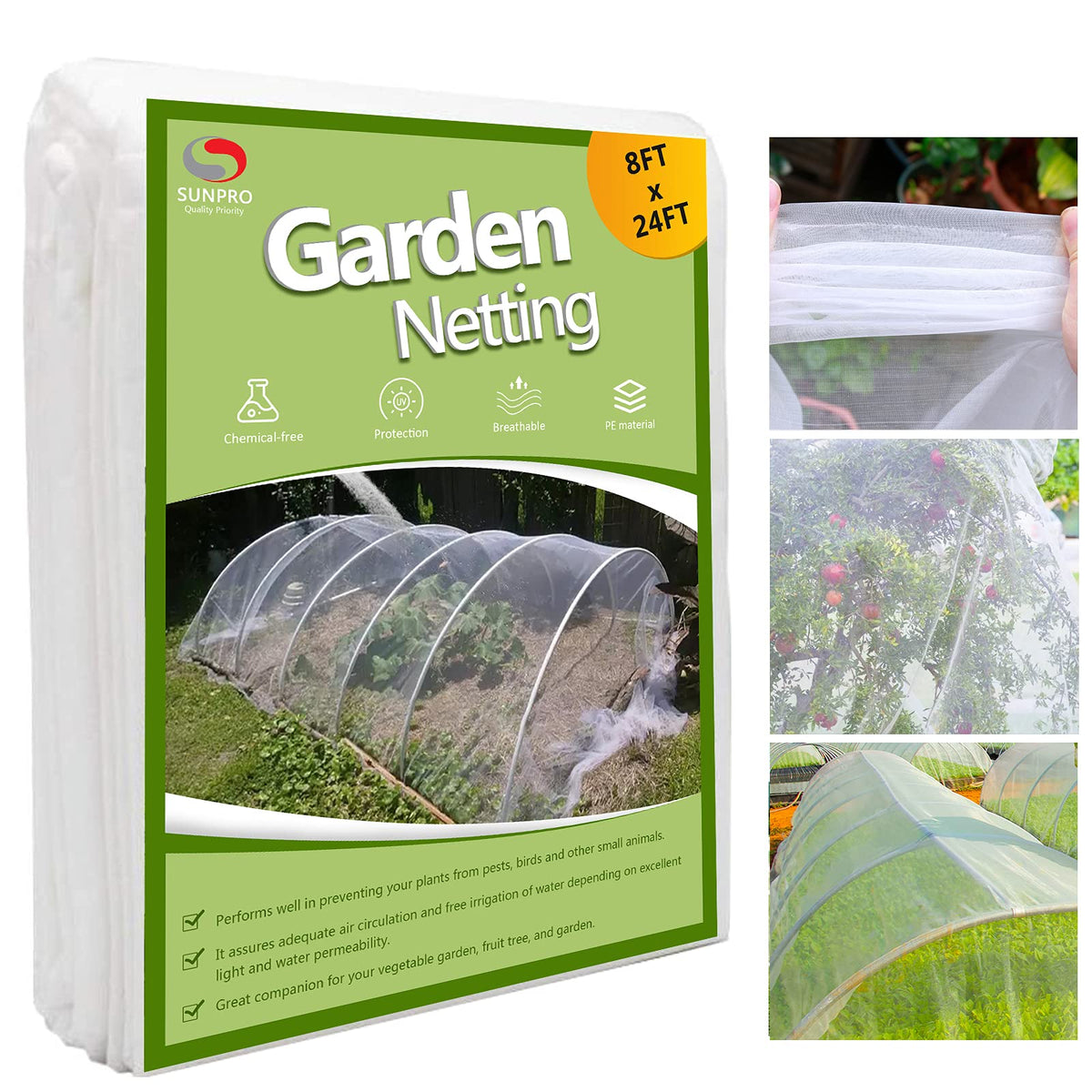 SUNPRO 8x24ft garden netting roll shielding crops from pests while staying breathable.