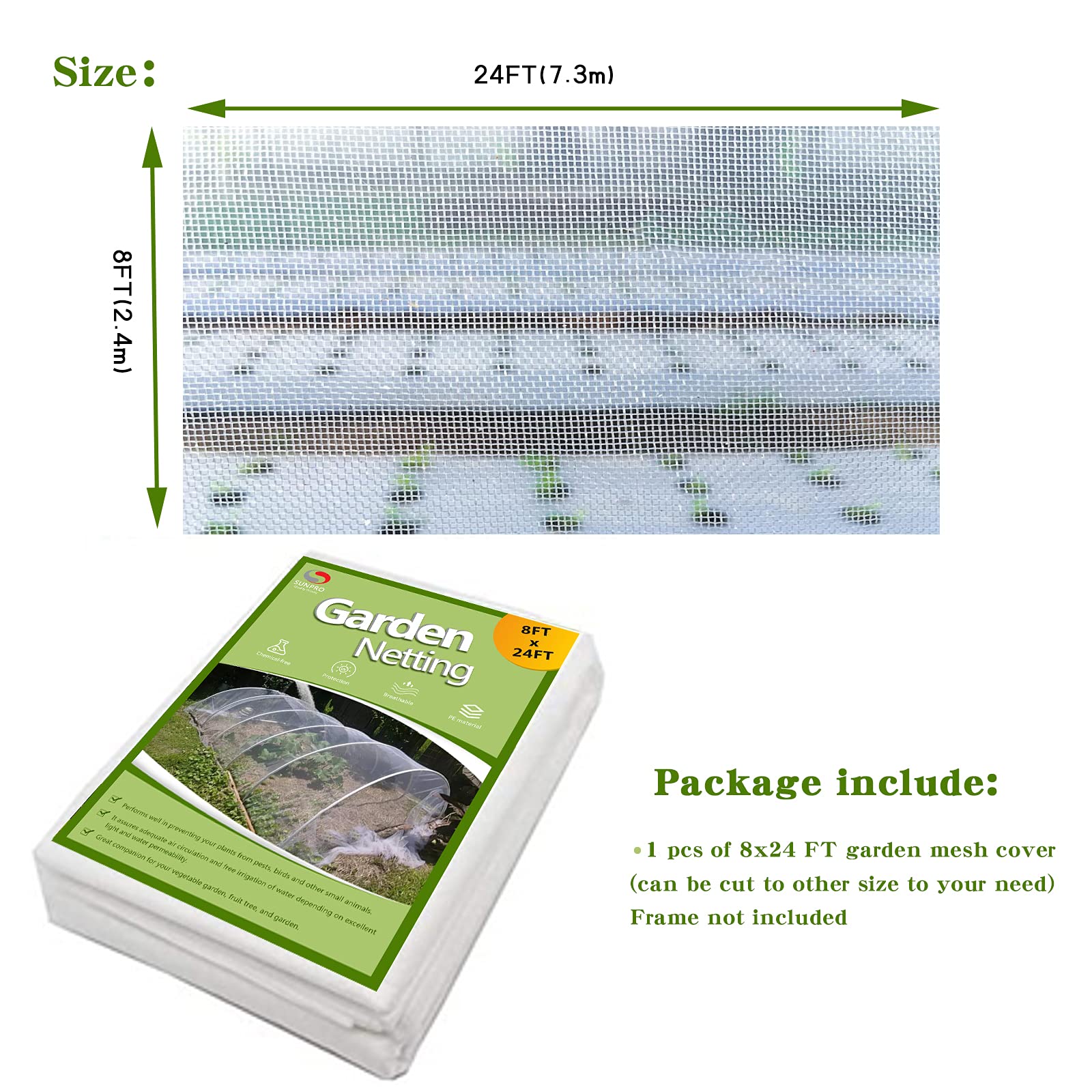 SUNPRO ultra-fine 0.8mm mesh protecting vegetables with precise pest defense.