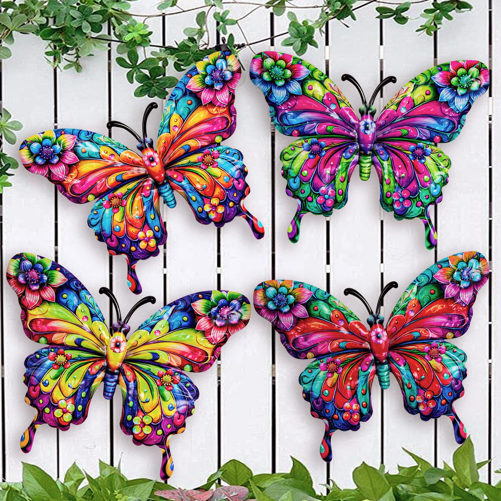 SUNREEK 4-piece metal butterfly wall decor with 9-inch butterflies adds colorful outdoor focal points.