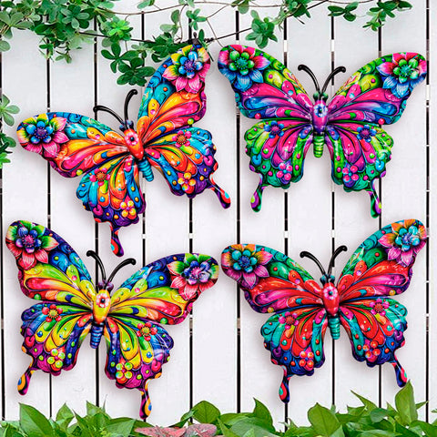SUNREEK 4-piece metal butterfly wall decor with 9-inch butterflies adds colorful outdoor focal points.