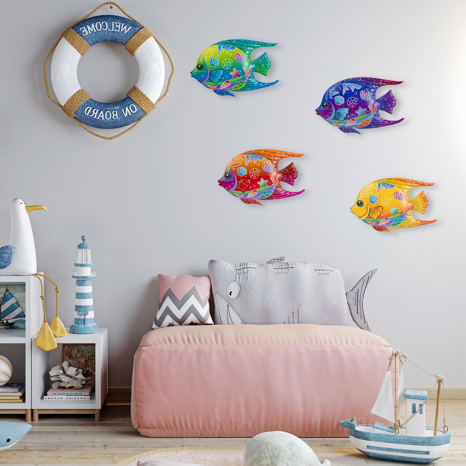 SUNREEK 9-inch color fish wall art set brightening coastal spaces.