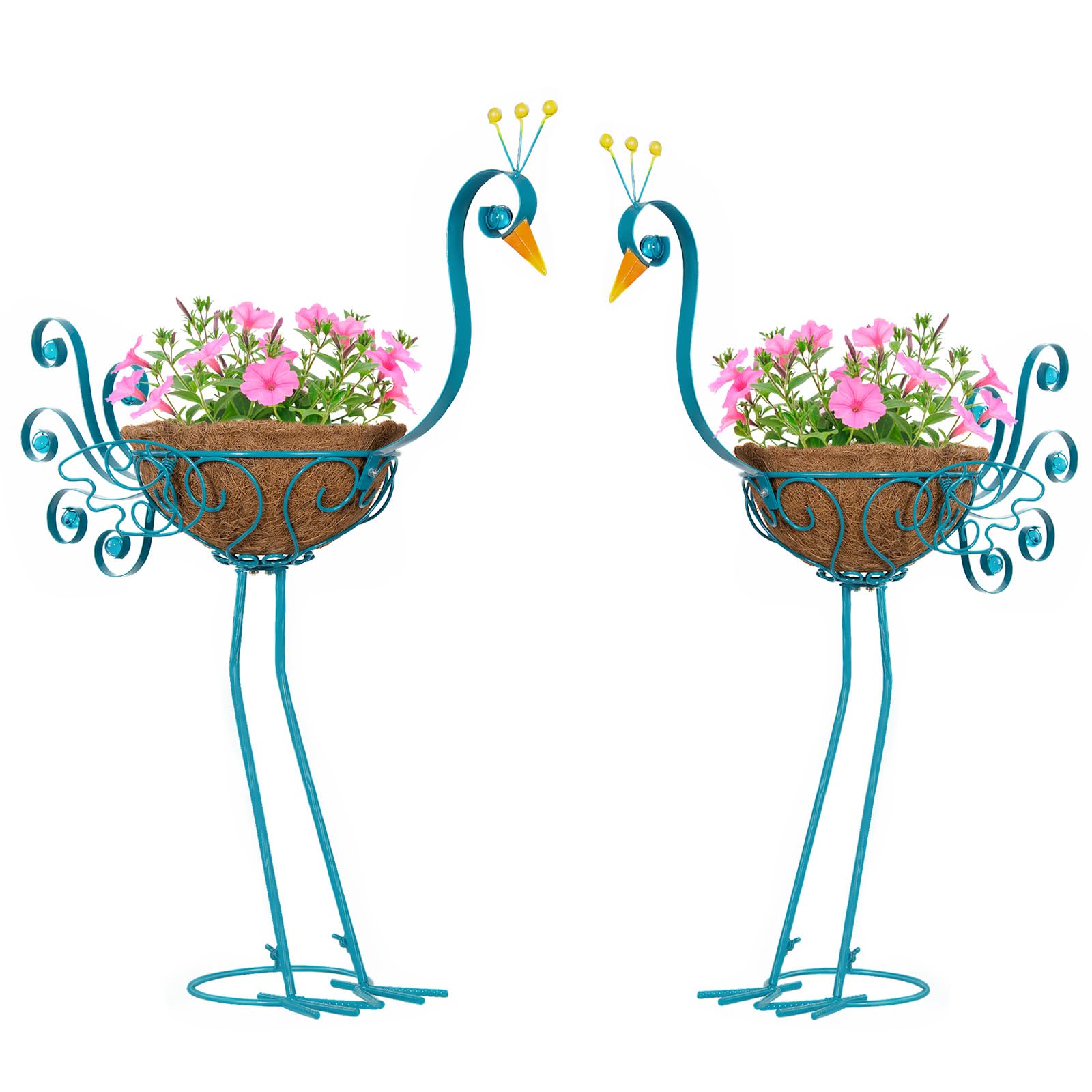 SUNREEK blue peacock planter with basket front view for garden display