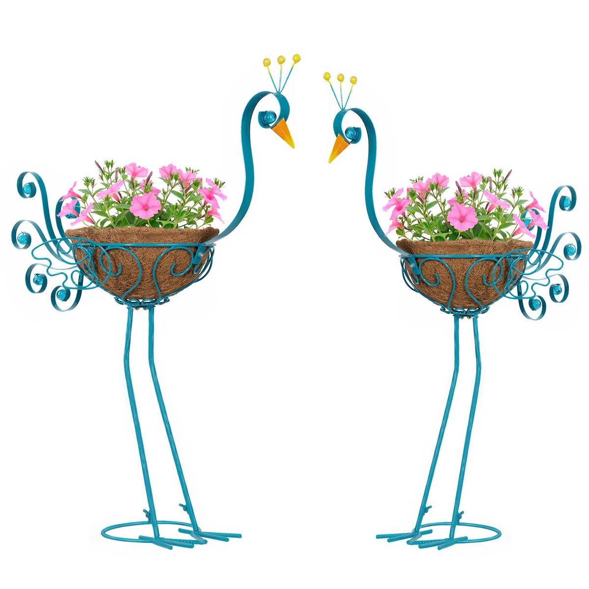 SUNREEK blue peacock planter with basket front view for garden display