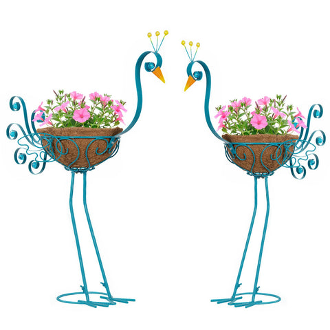 SUNREEK blue peacock planter with basket front view for garden display